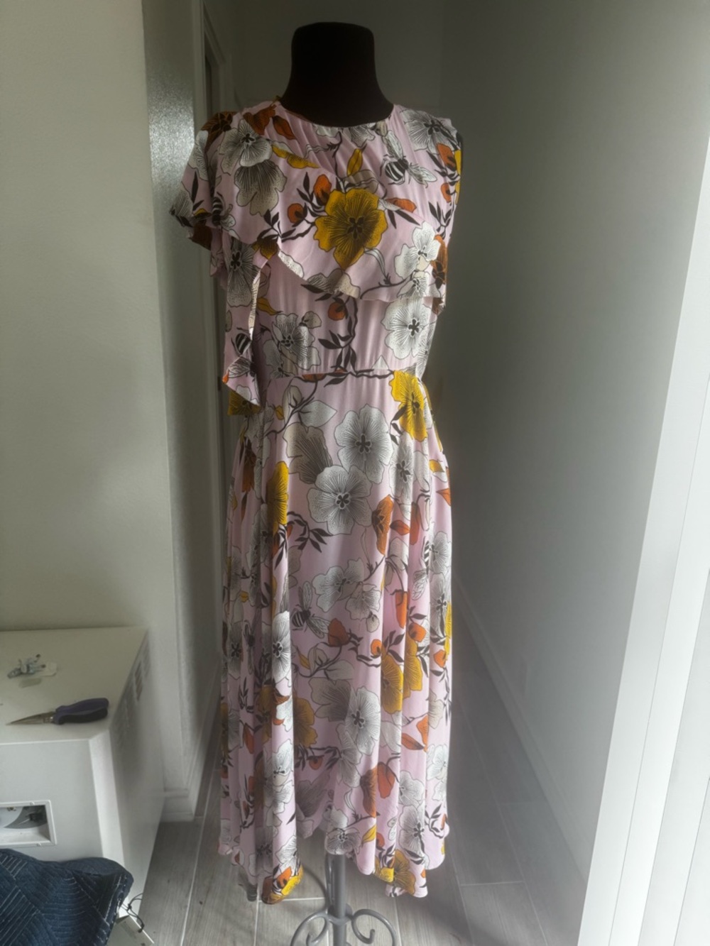 Mage Floral Ruffle Midi Dress in Pink and Yellow size3